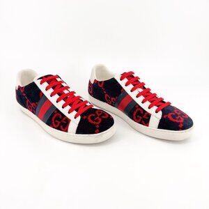 Gucci Ace Sneakers EU 38 US 8 Navy Blue & Red GG Monogram Corduroy Low Top Shoe